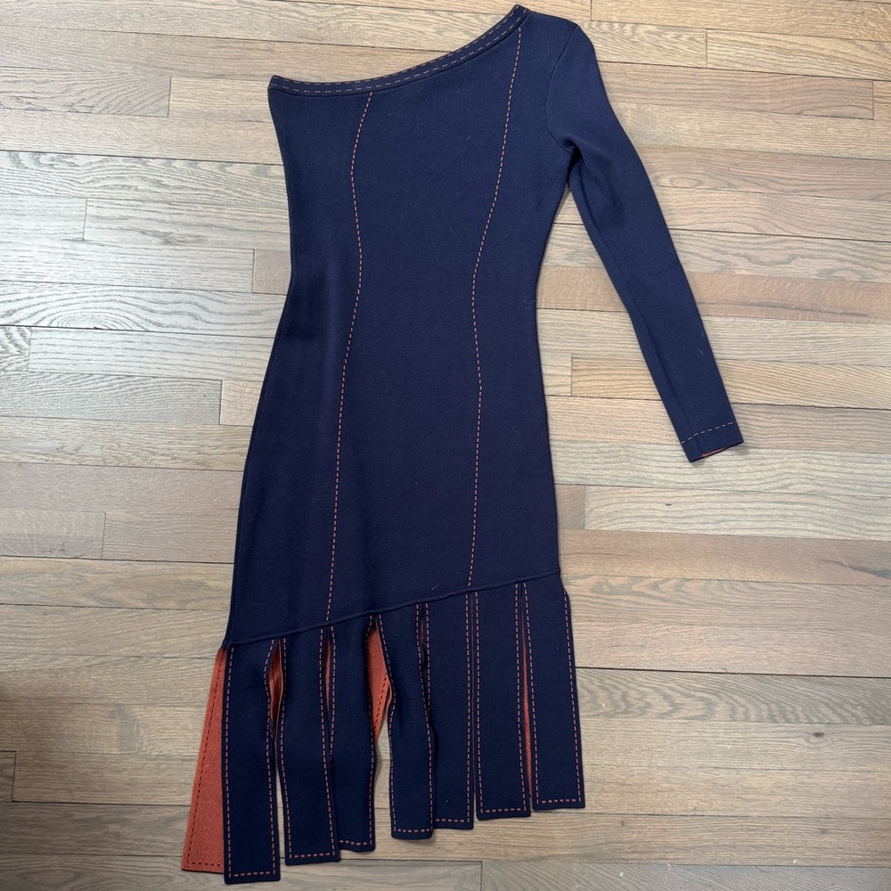 EUC Staud Elegant Navy and Rust Asymmetrical Knit Midi Dress - Size S